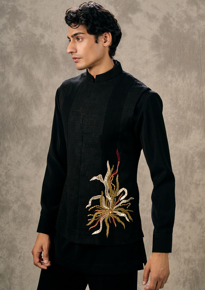 Twamev Men Black Kurta Jacket Set