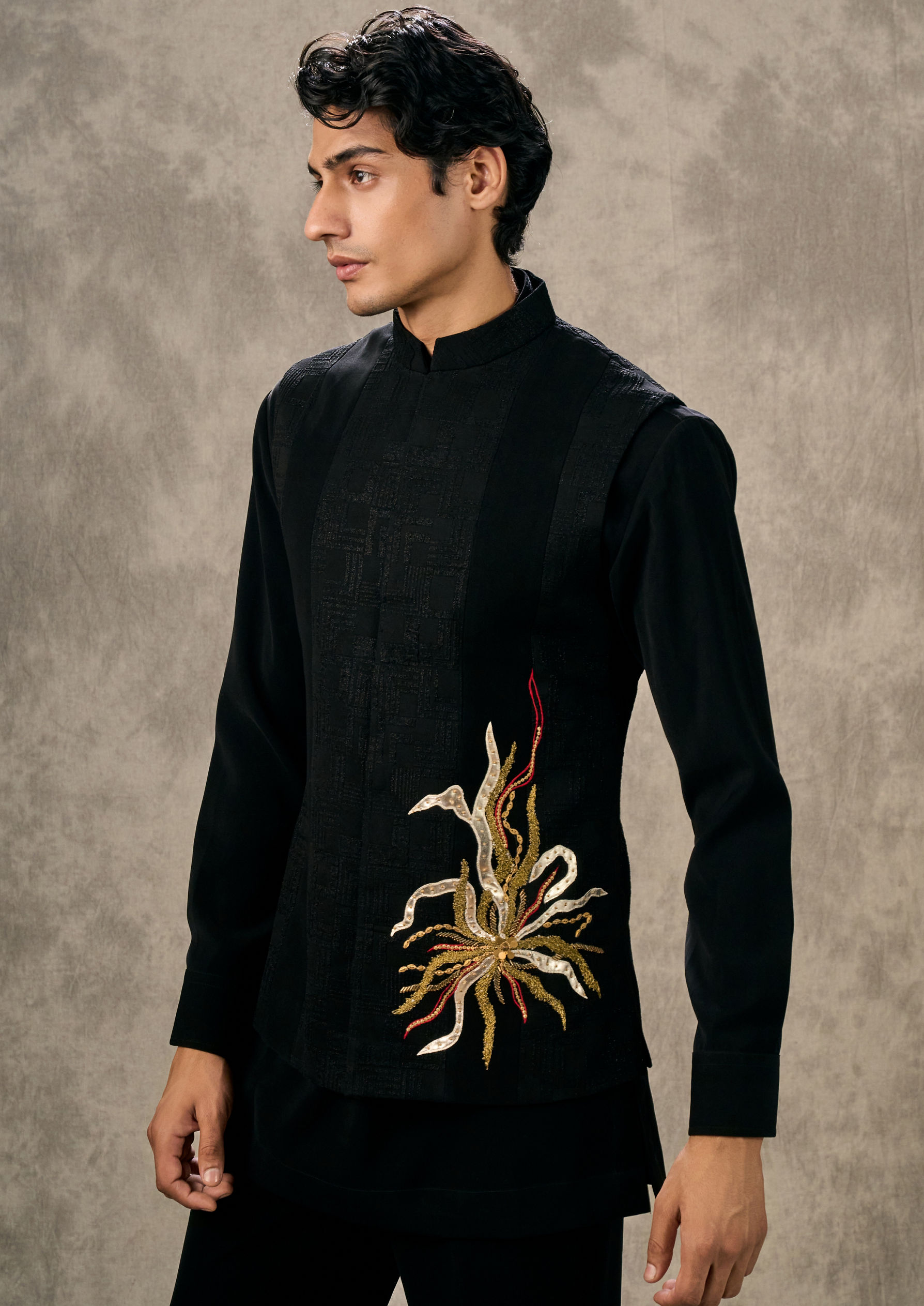 Twamev Men Black Kurta Jacket Set