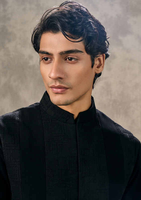 Twamev Men Black Kurta Jacket Set