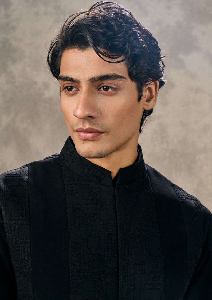 Twamev Men Black Kurta Jacket Set
