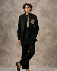 Twamev Men Black Silk Peacock Resham Bead Embroidered Kurta Jacket Set