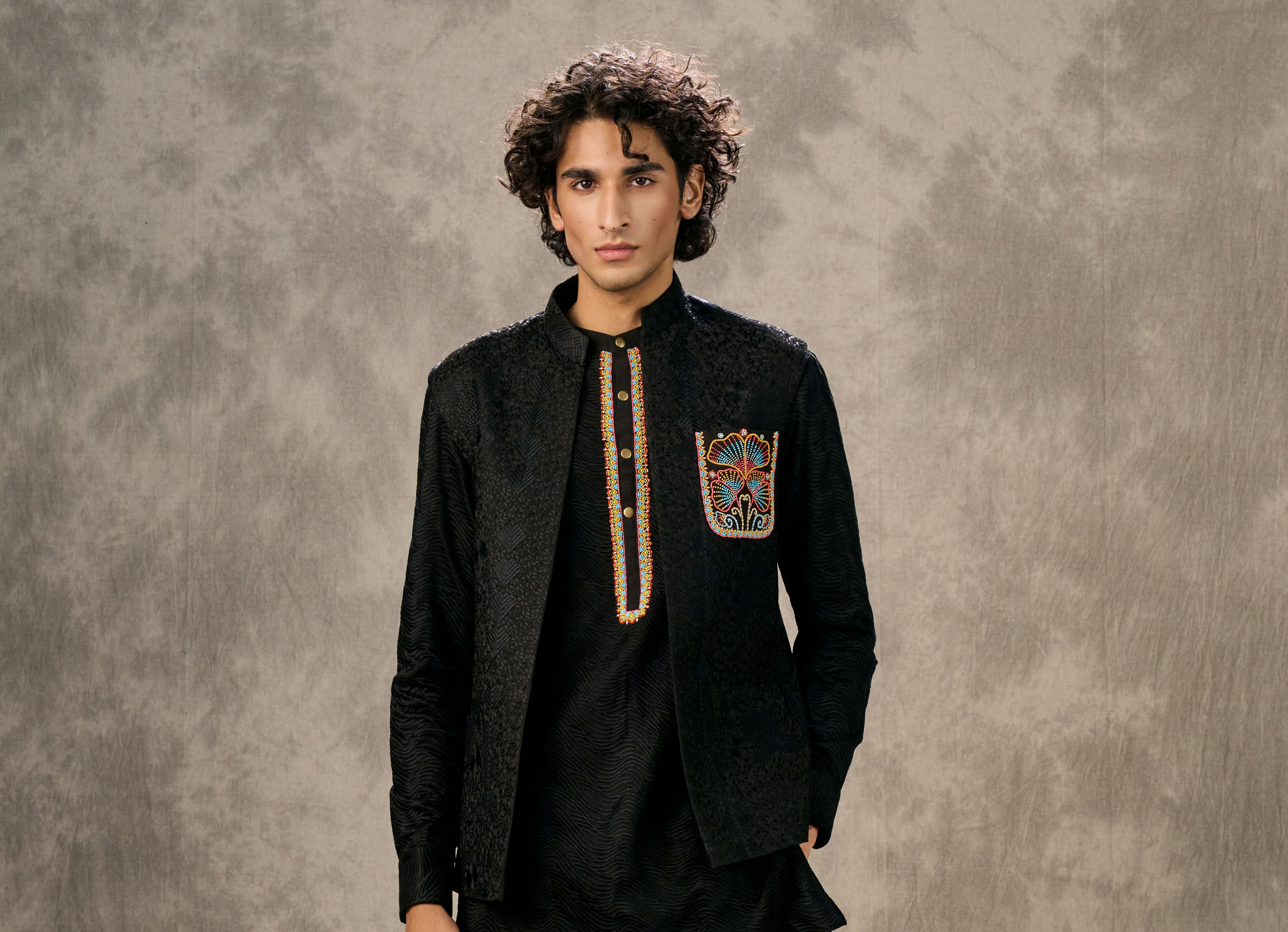 Twamev Men Black Silk Peacock Resham Bead Embroidered Kurta Jacket Set