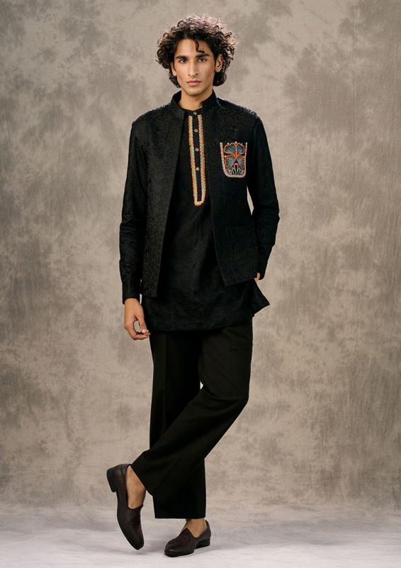 Twamev Men Lustrous Black Kurta Jacket Set