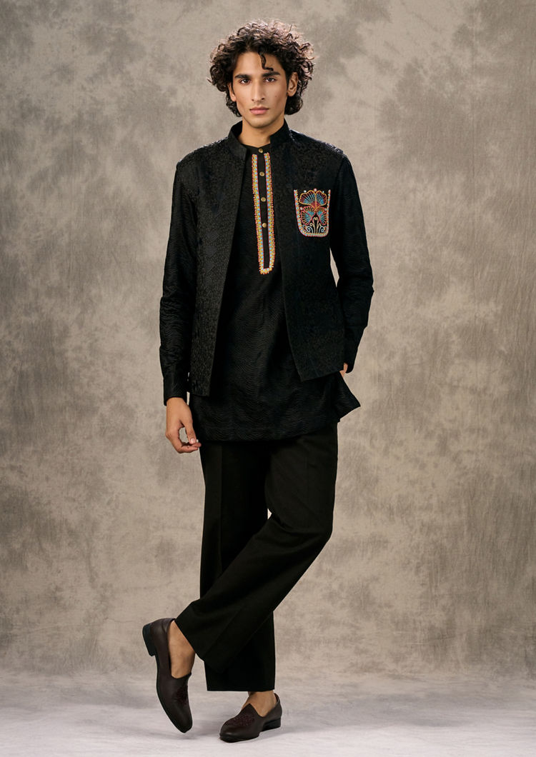 Twamev Men Lustrous Black Kurta Jacket Set