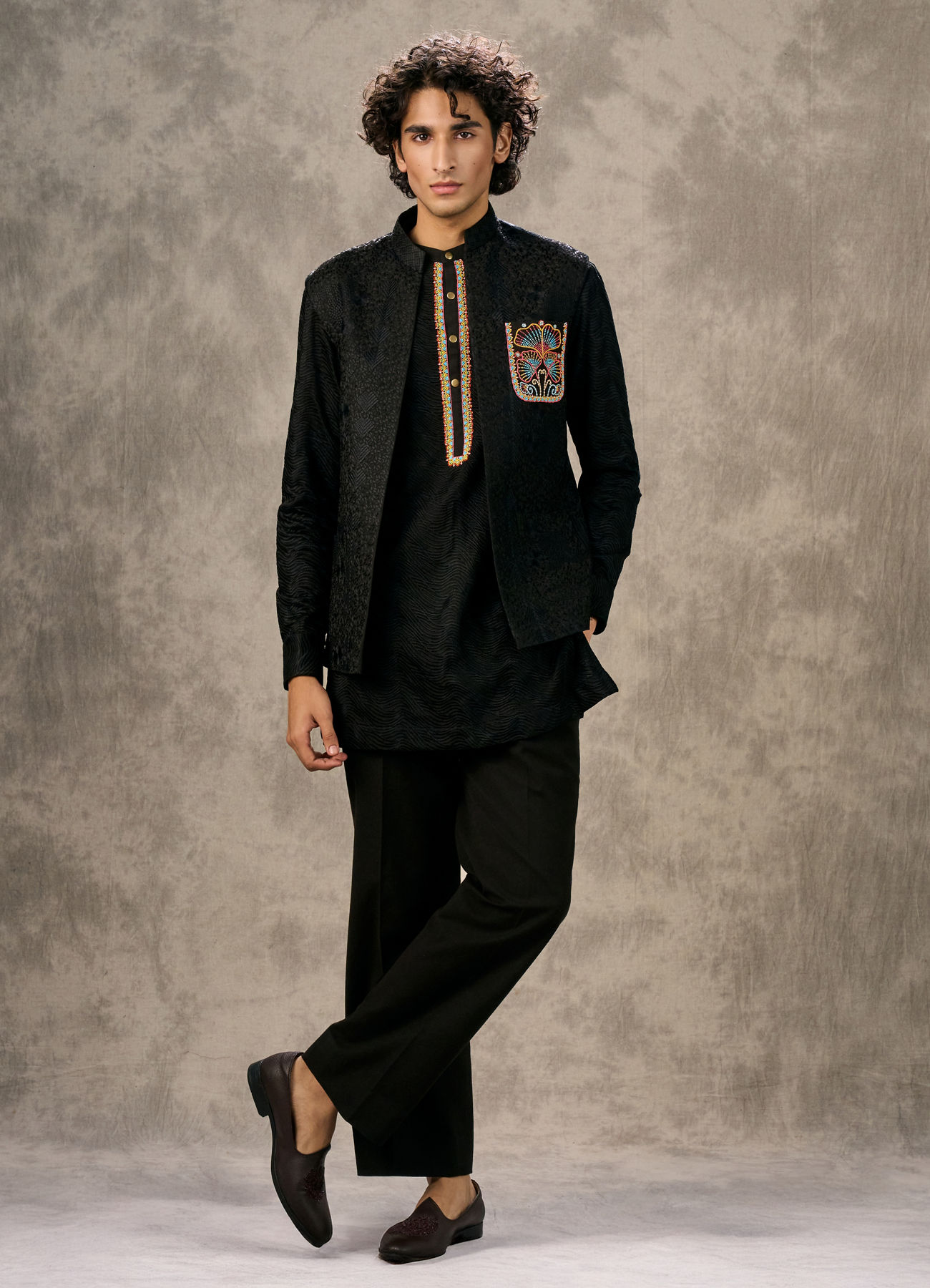 Twamev Men Black Silk Peacock Resham Bead Embroidered Kurta Jacket Set