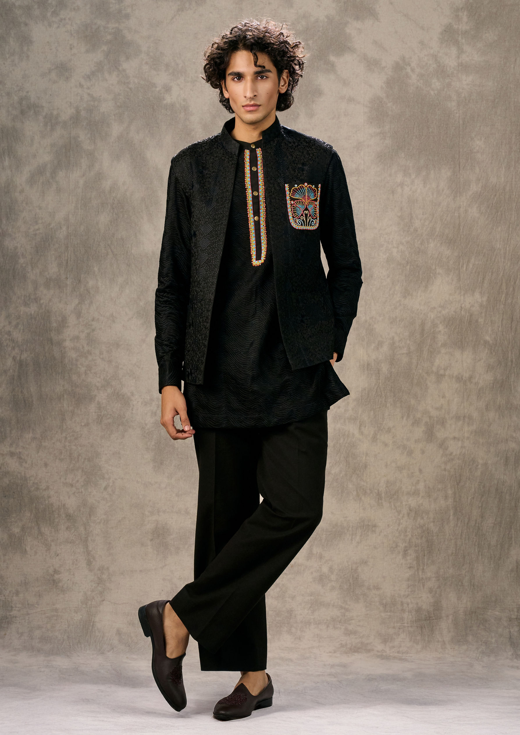 Twamev Men Lustrous Black Kurta Jacket Set