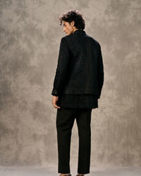 Twamev Men Black Silk Peacock Resham Bead Embroidered Kurta Jacket Set