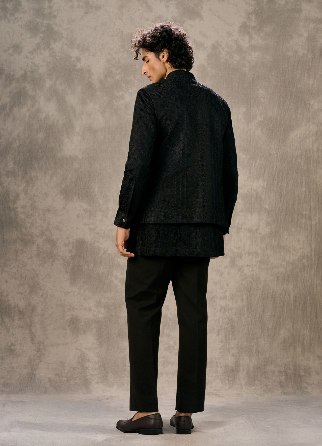Twamev Men Black Silk Peacock Resham Bead Embroidered Kurta Jacket Set