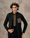 Black Silk Peacock Resham Bead Embroidered Kurta Jacket Set