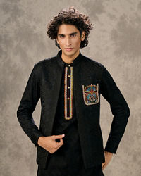 Twamev Men Black Silk Peacock Resham Bead Embroidered Kurta Jacket Set