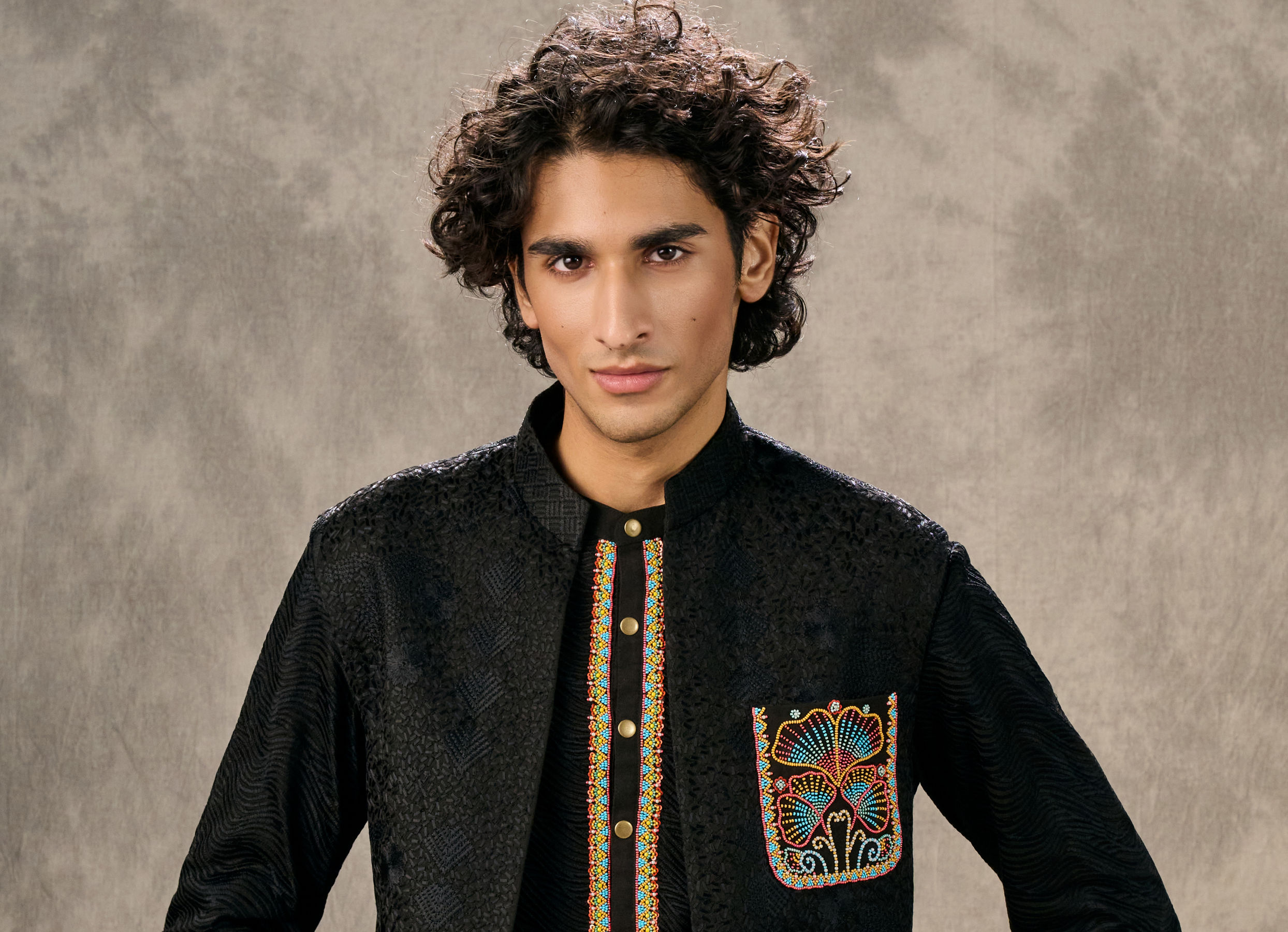Twamev Men Black Silk Peacock Resham Bead Embroidered Kurta Jacket Set