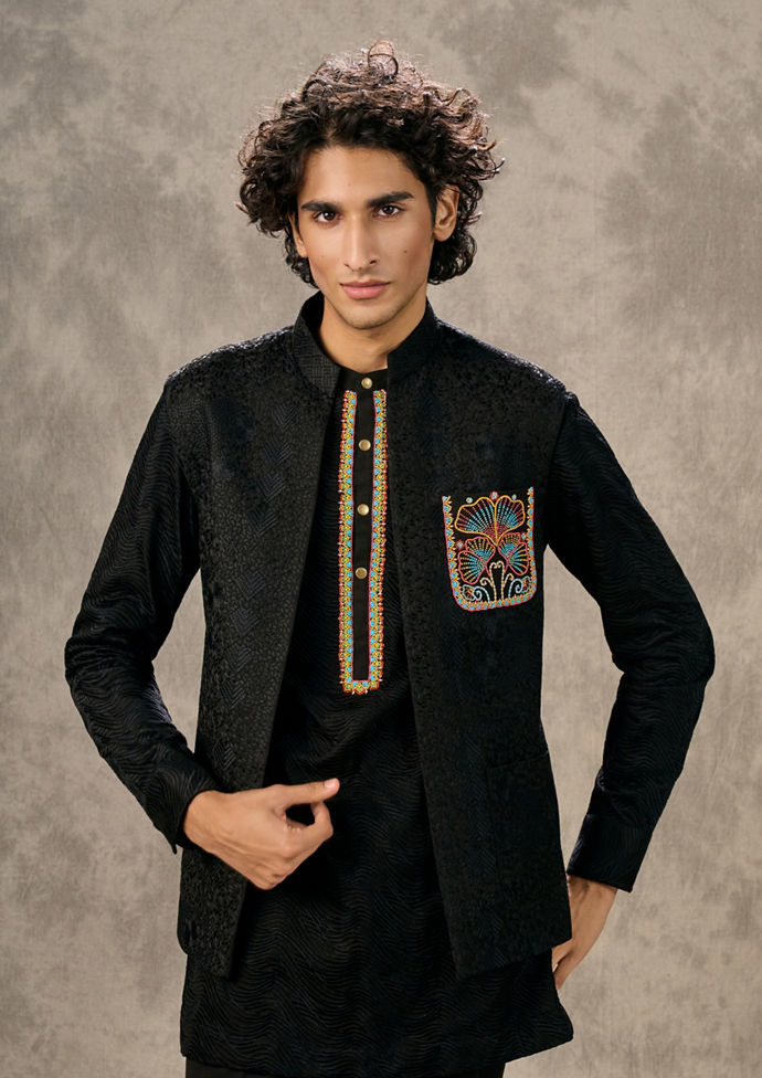 Twamev Men Lustrous Black Kurta Jacket Set