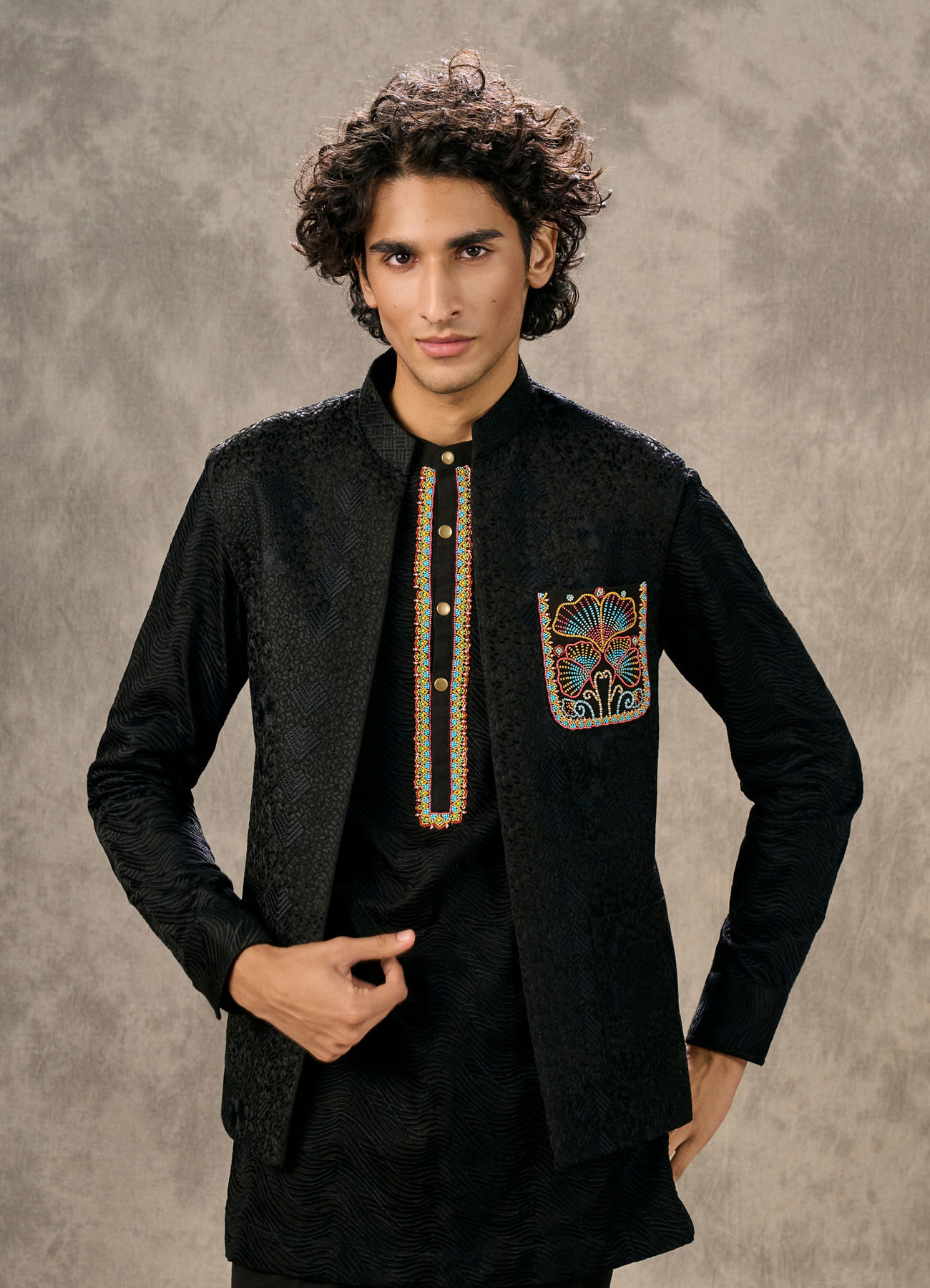 Twamev Men Black Silk Peacock Resham Bead Embroidered Kurta Jacket Set