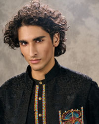 Twamev Men Black Silk Peacock Resham Bead Embroidered Kurta Jacket Set