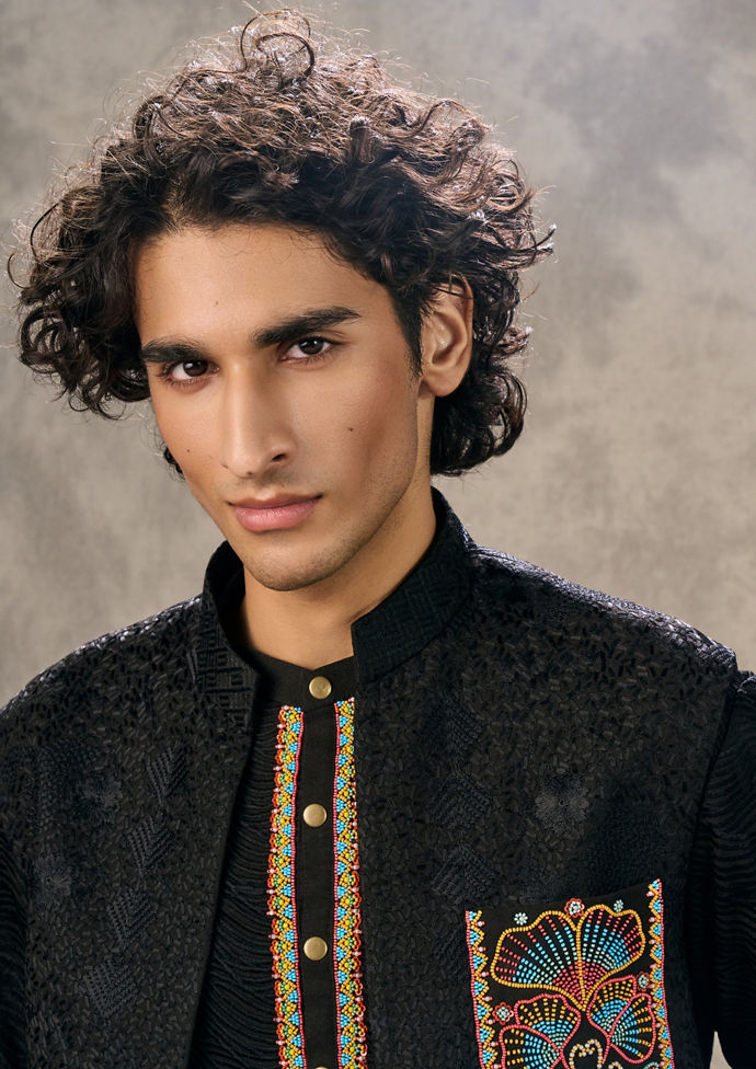 Twamev Men Lustrous Black Kurta Jacket Set