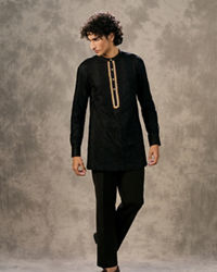 Twamev Men Black Silk Peacock Resham Bead Embroidered Kurta Jacket Set