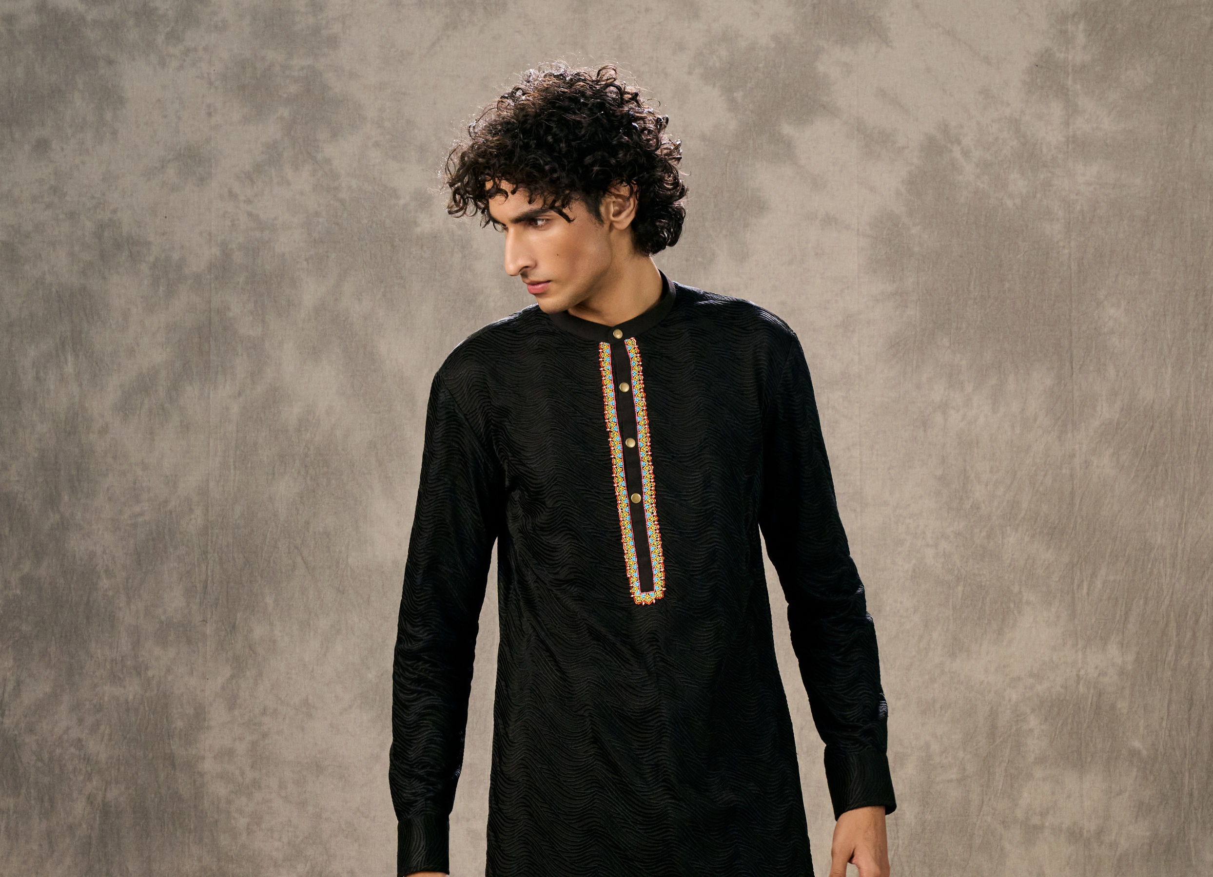 Twamev Men Black Silk Peacock Resham Bead Embroidered Kurta Jacket Set