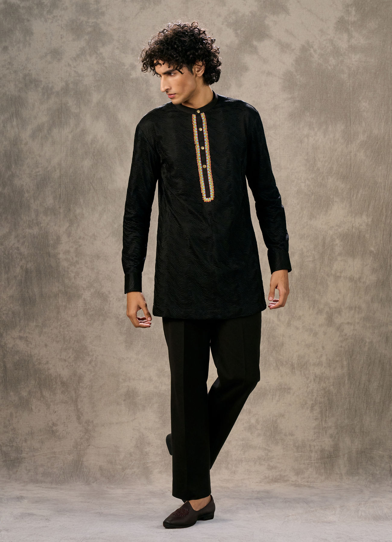 Twamev Men Black Silk Peacock Resham Bead Embroidered Kurta Jacket Set