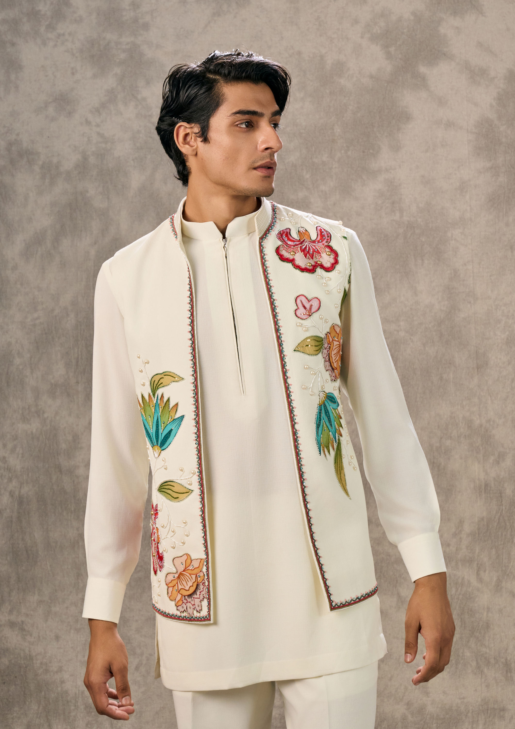 Twamev Men Cream Symphony Kurta Jacket Set
