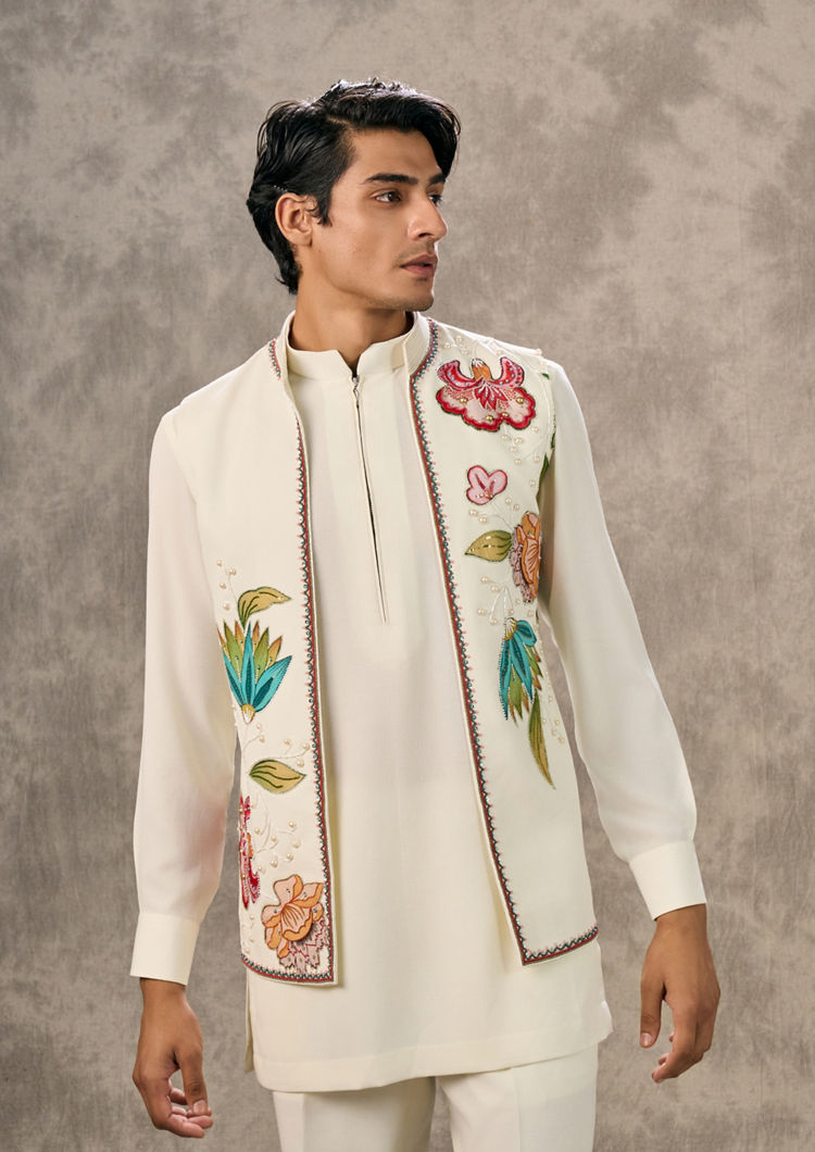 Twamev Men Cream Symphony Kurta Jacket Set