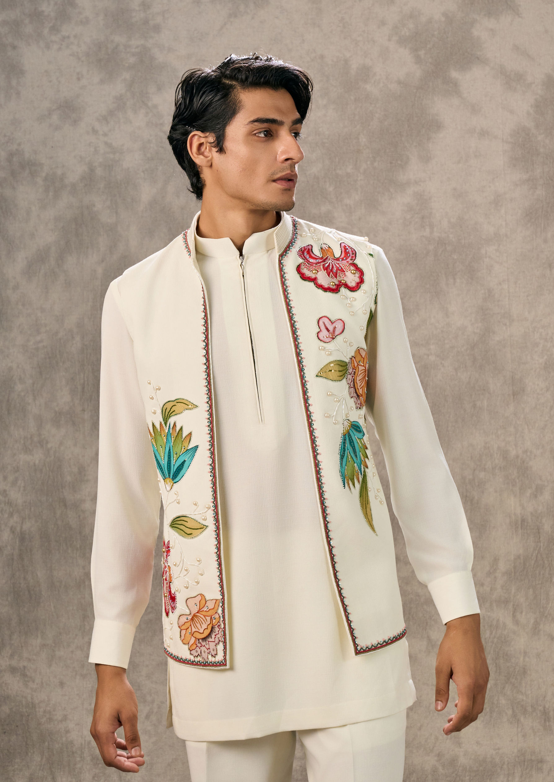 Twamev Men Cream Symphony Kurta Jacket Set