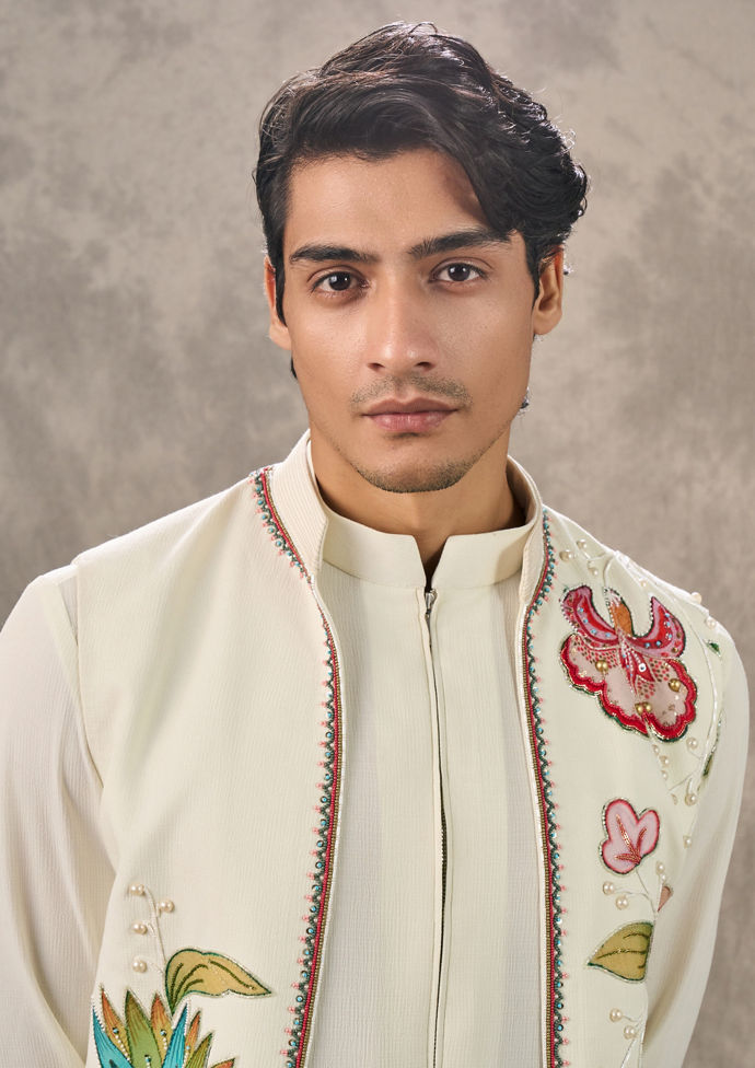 Twamev Men Cream Symphony Kurta Jacket Set