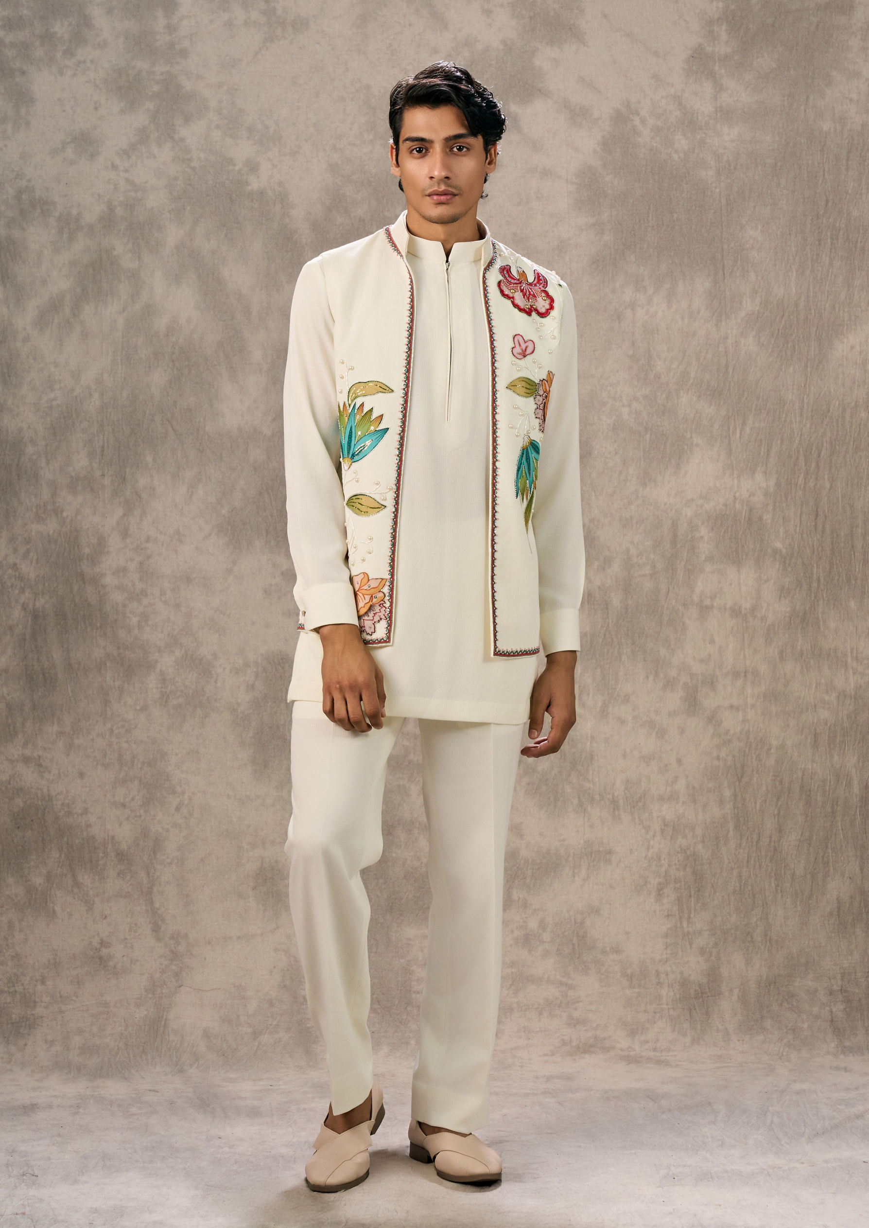 Twamev Men Cream Symphony Kurta Jacket Set