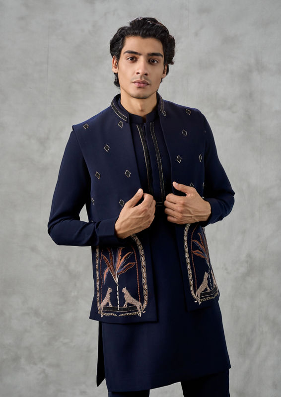 Twamev Men Dark Blue Blended Viscose Kurta Jacket Set with Pant