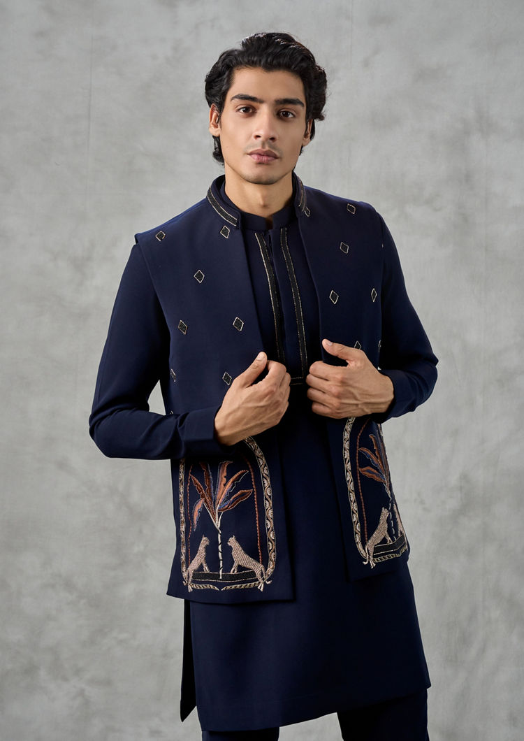 Twamev Men Dark Blue Blended Viscose Kurta Jacket Set with Pant