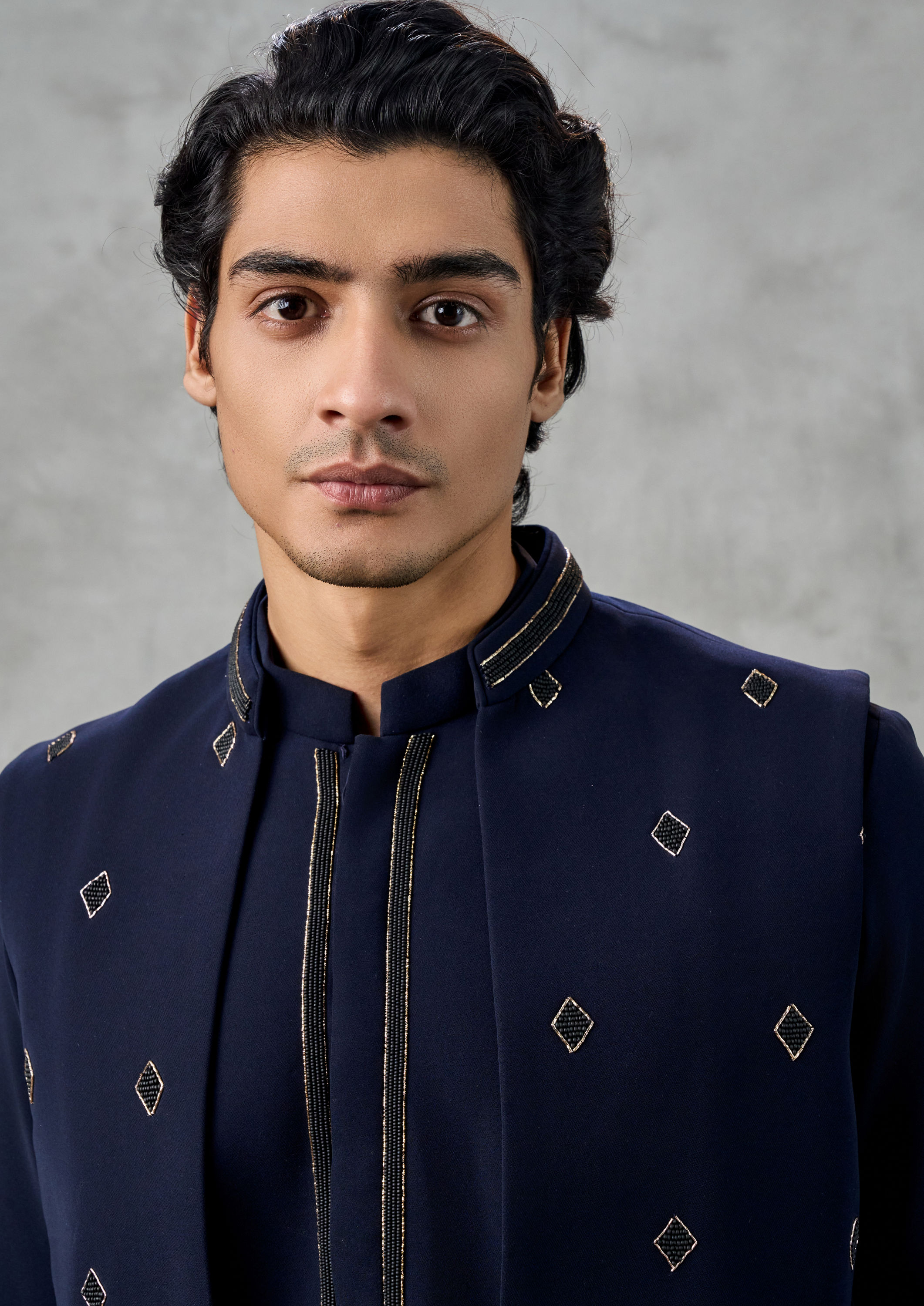 Twamev Men Dark Blue Blended Viscose Kurta Jacket Set with Pant