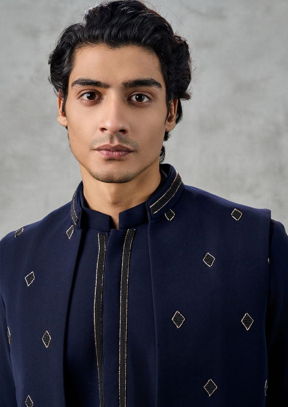 Twamev Men Dark Blue Blended Viscose Kurta Jacket Set with Pant