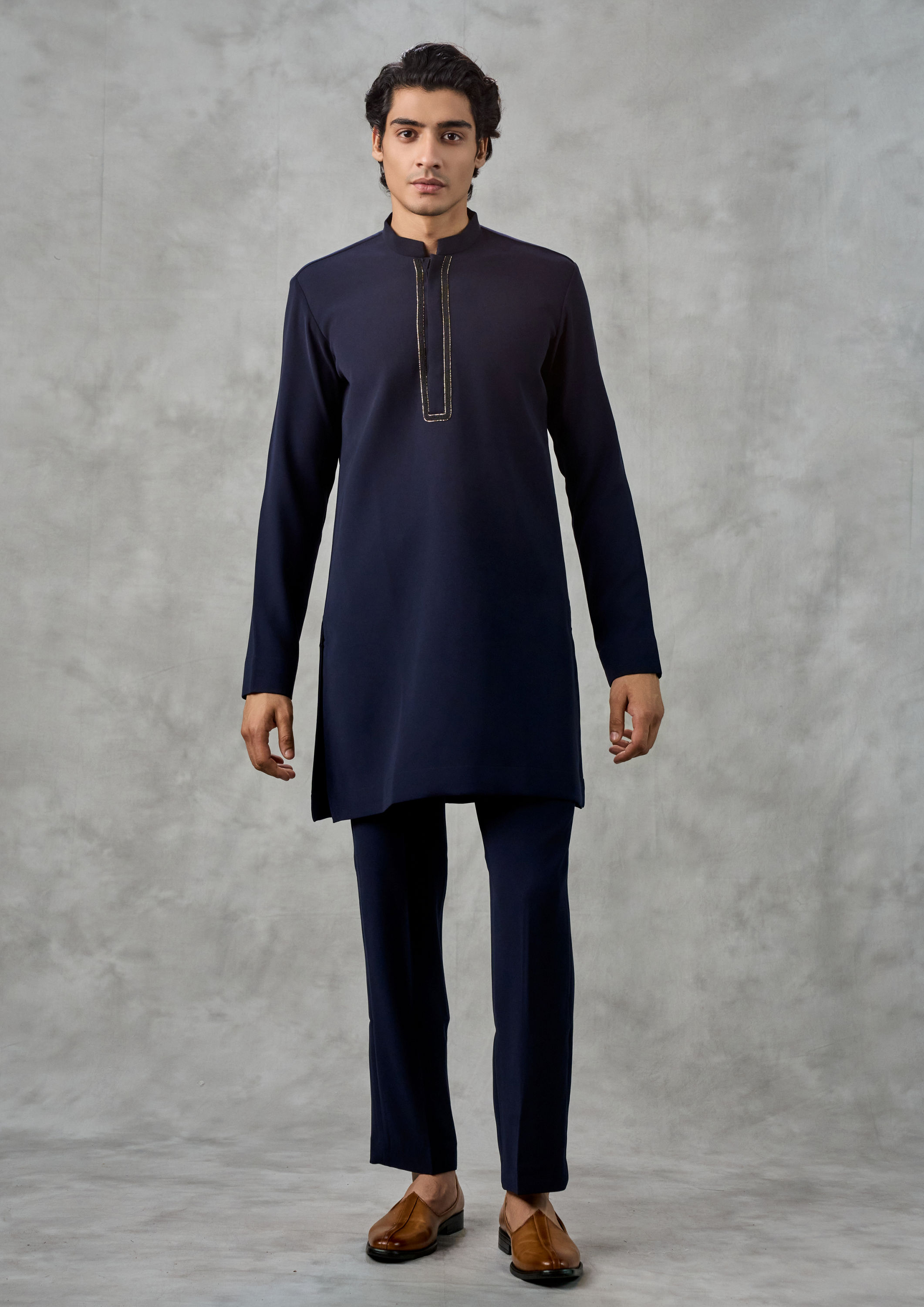 Twamev Men Dark Blue Blended Viscose Kurta Jacket Set with Pant