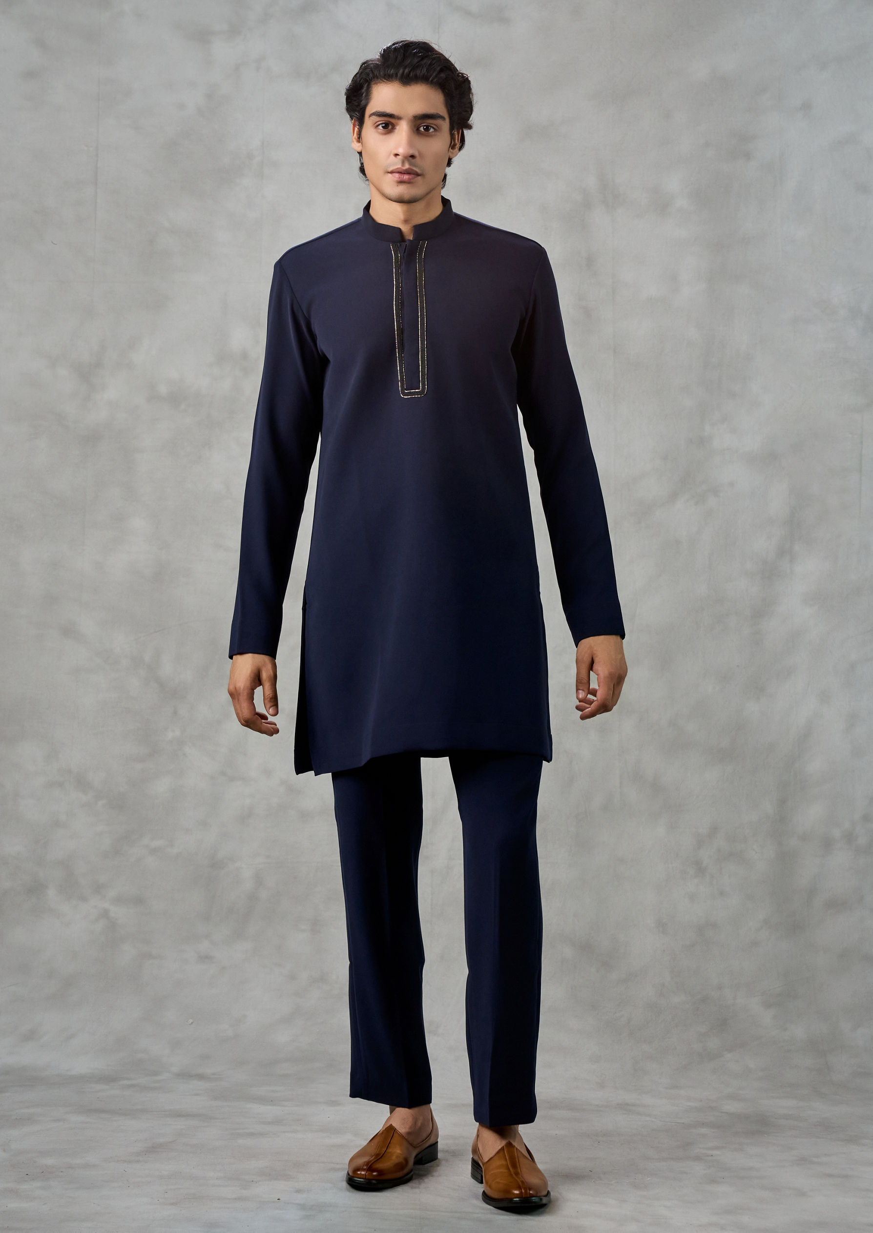 Twamev Men Dark Blue Blended Viscose Kurta Jacket Set with Pant