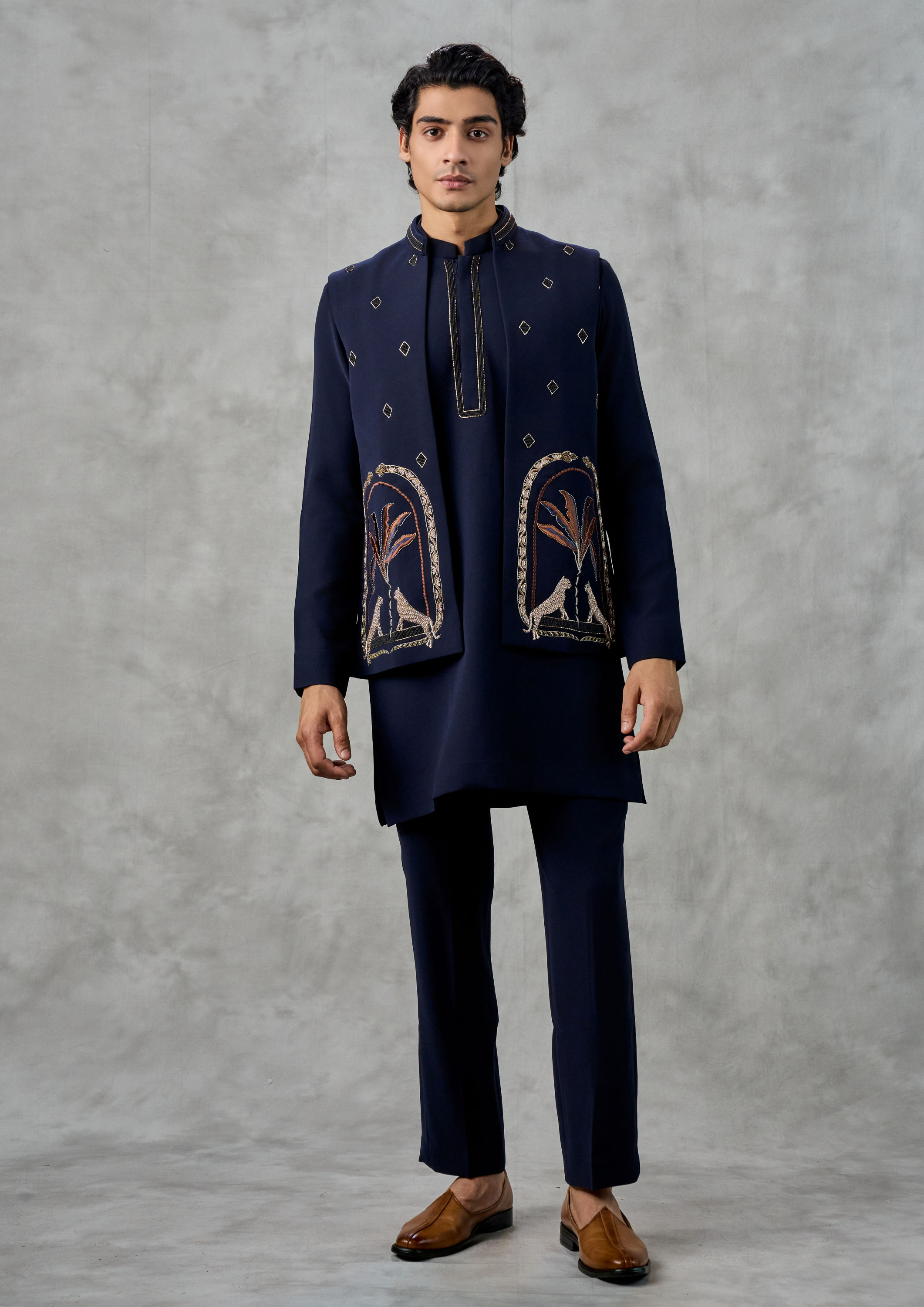 Twamev Men Dark Blue Blended Viscose Kurta Jacket Set with Pant
