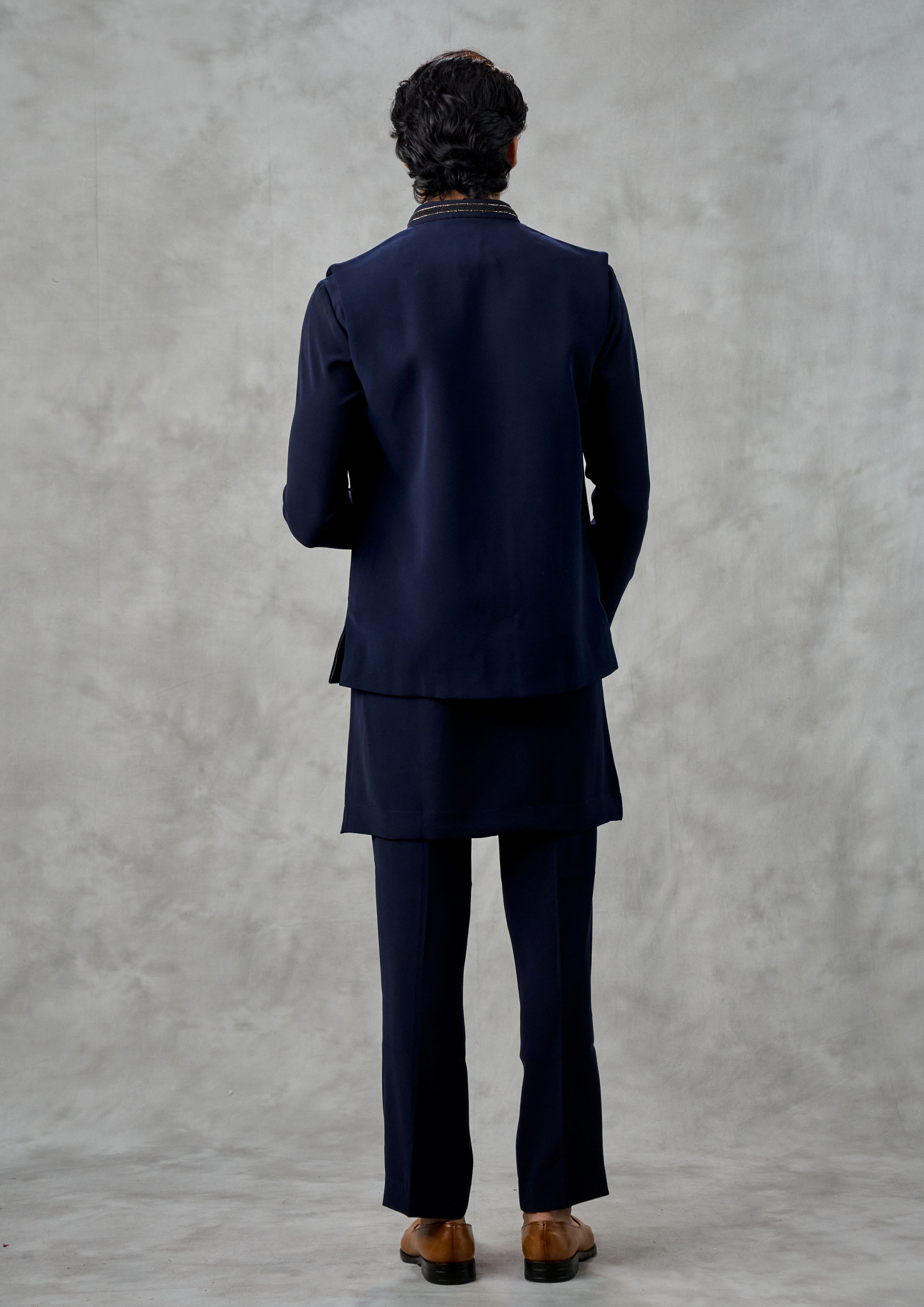 Twamev Men Dark Blue Blended Viscose Kurta Jacket Set with Pant