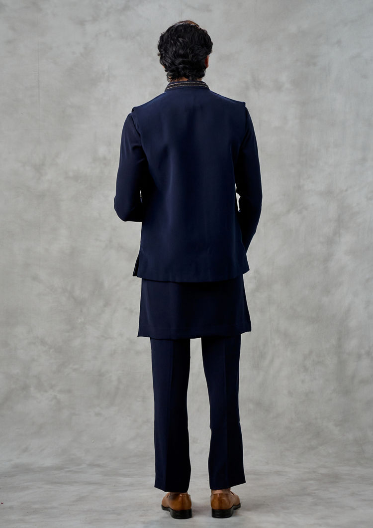 Twamev Men Dark Blue Blended Viscose Kurta Jacket Set with Pant