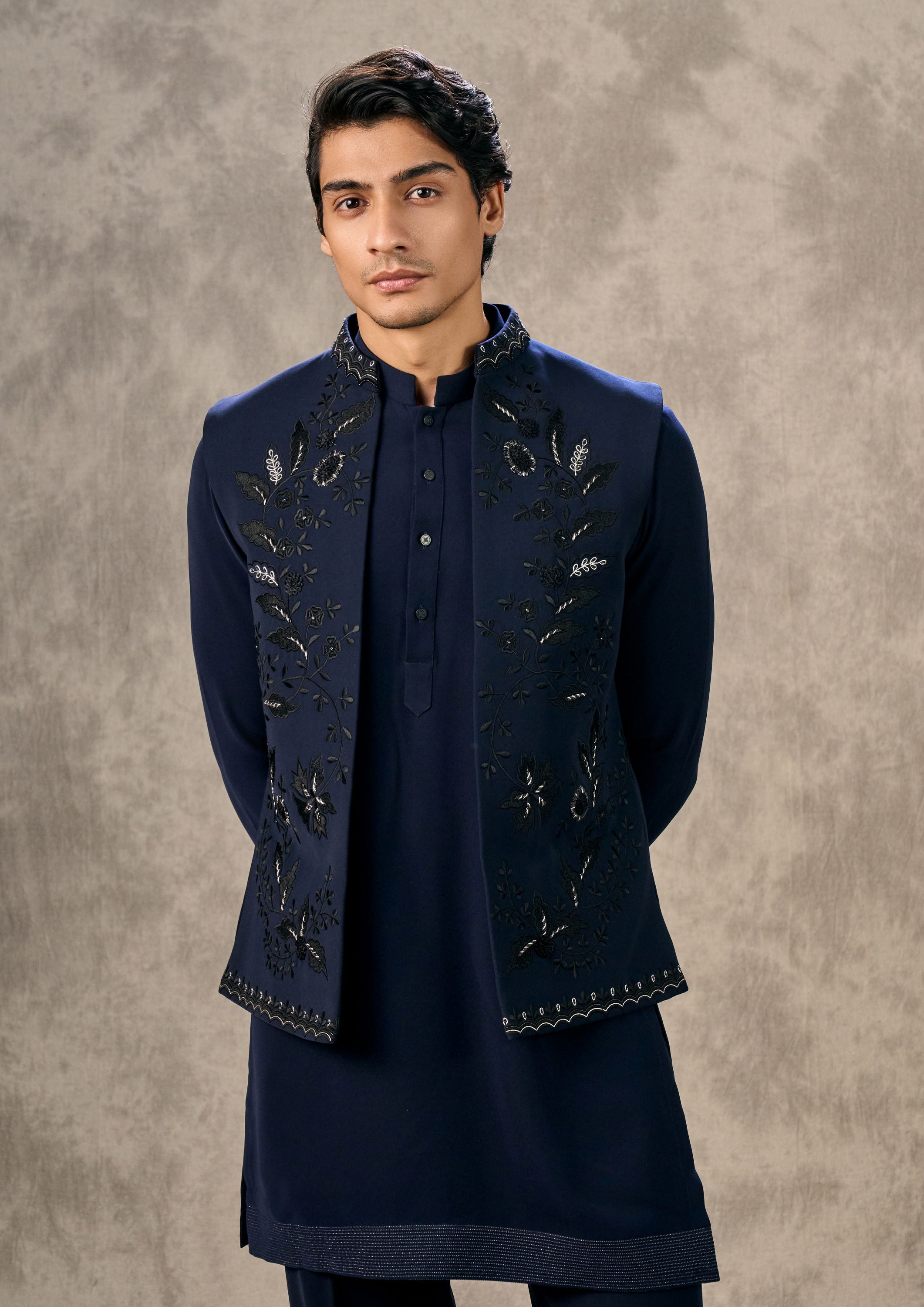 Twamev Men Dark Blue Royal Elegance Kurta Jacket Set