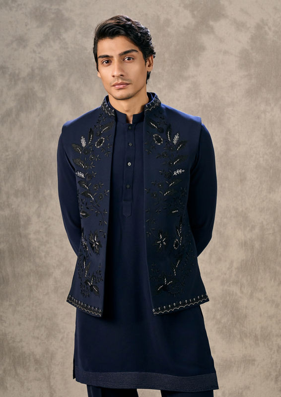 Twamev Men Dark Blue Royal Elegance Kurta Jacket Set