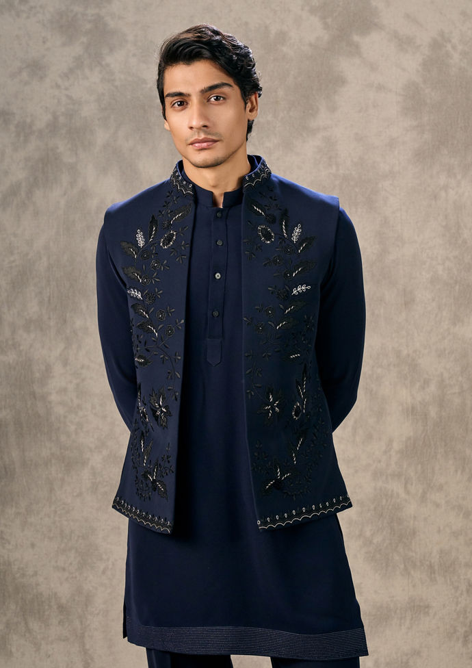 Twamev Men Dark Blue Royal Elegance Kurta Jacket Set