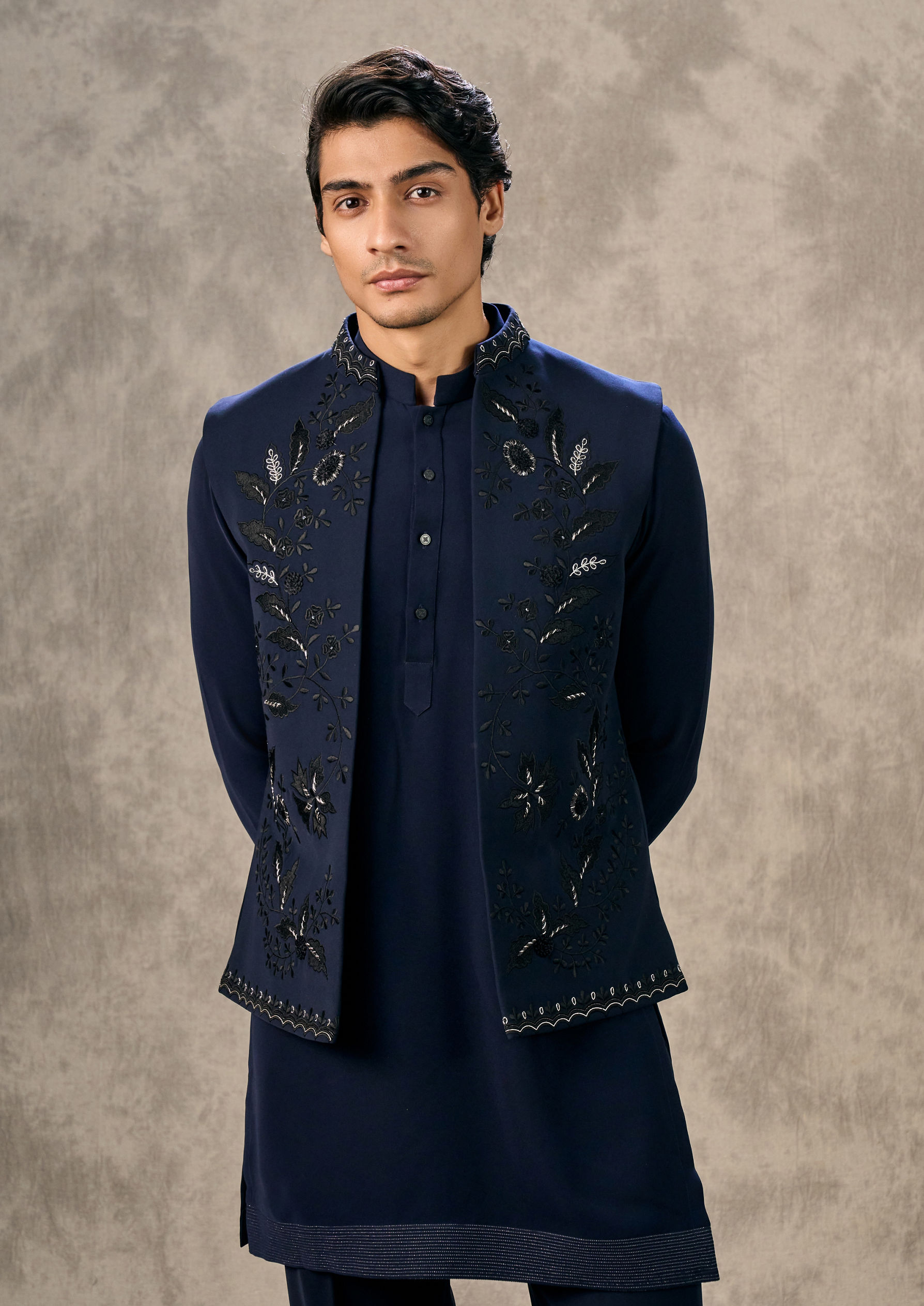 Twamev Men Dark Blue Royal Elegance Kurta Jacket Set