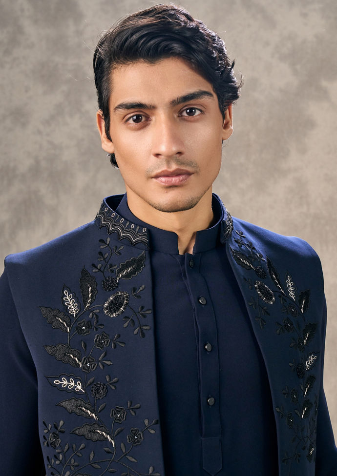 Twamev Men Dark Blue Royal Elegance Kurta Jacket Set