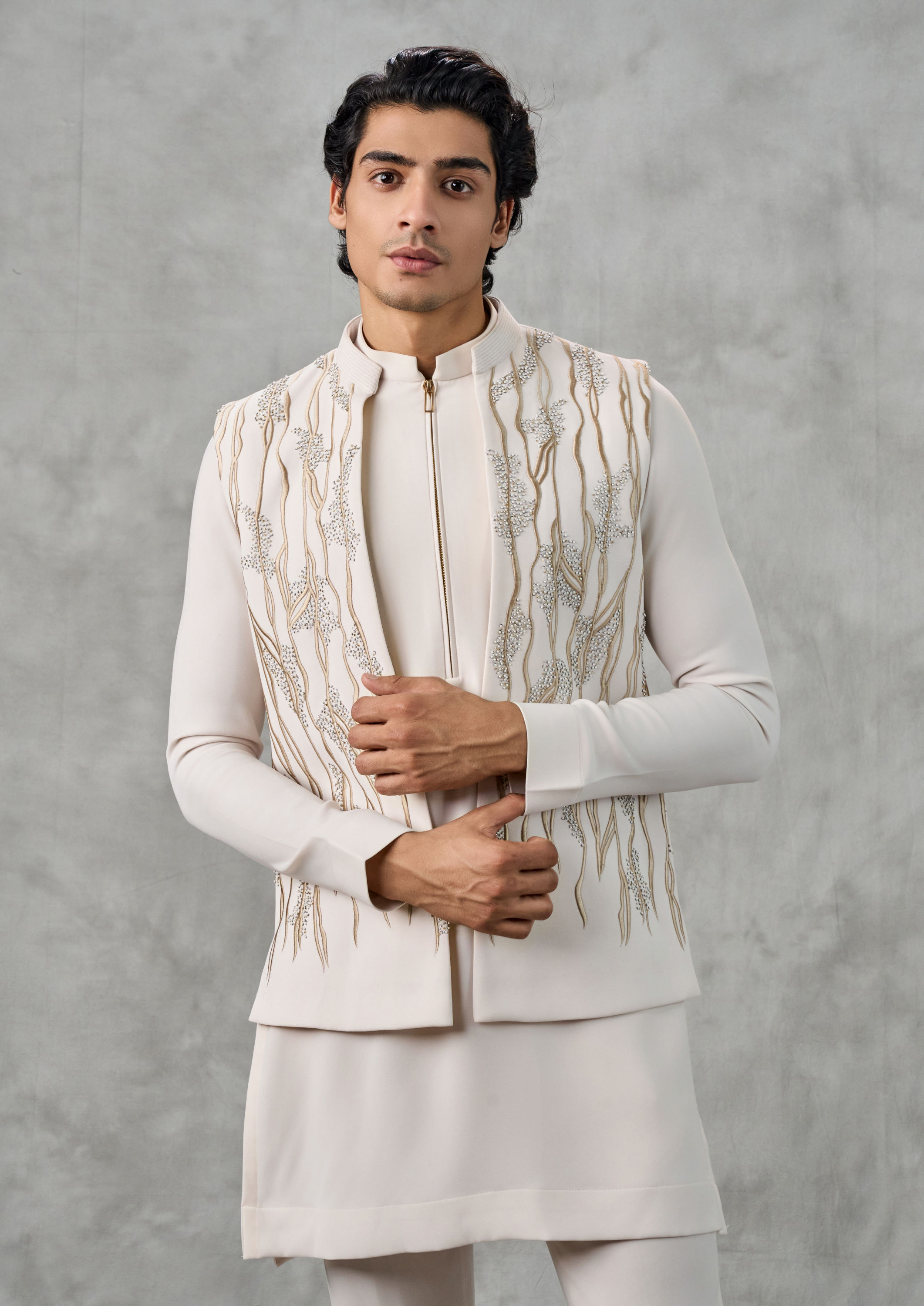 Twamev Men Royal Cream Kurta Jacket Set
