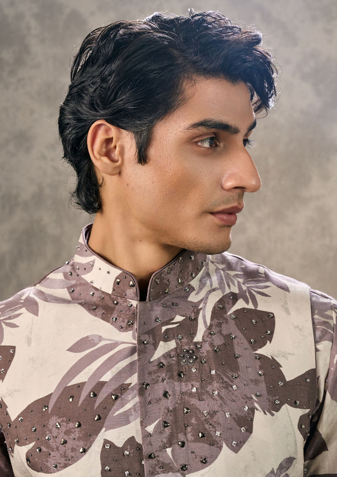 Twamev Men Elegant Dark Grey Kurta Jacket Set