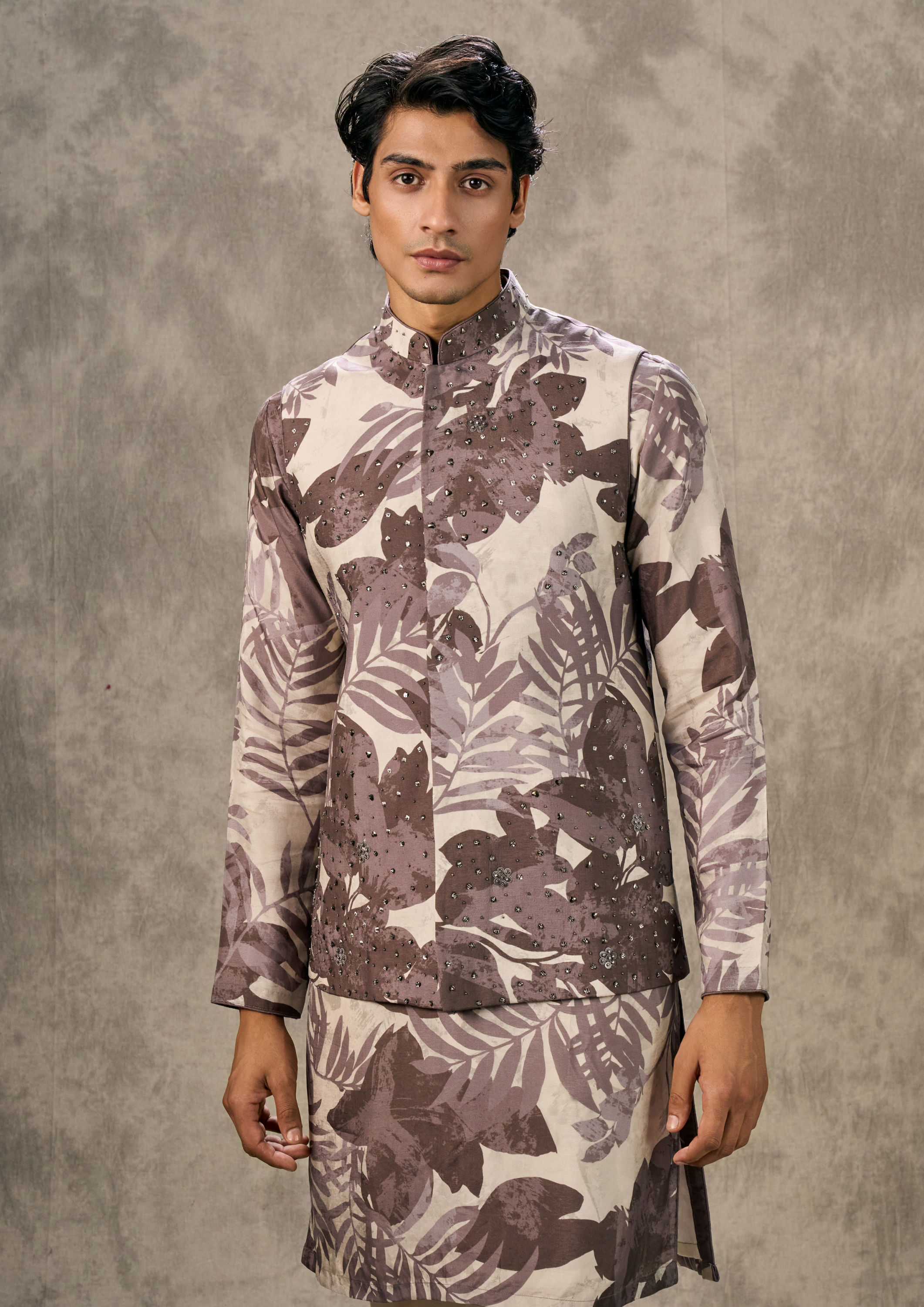 Twamev Men Elegant Dark Grey Kurta Jacket Set