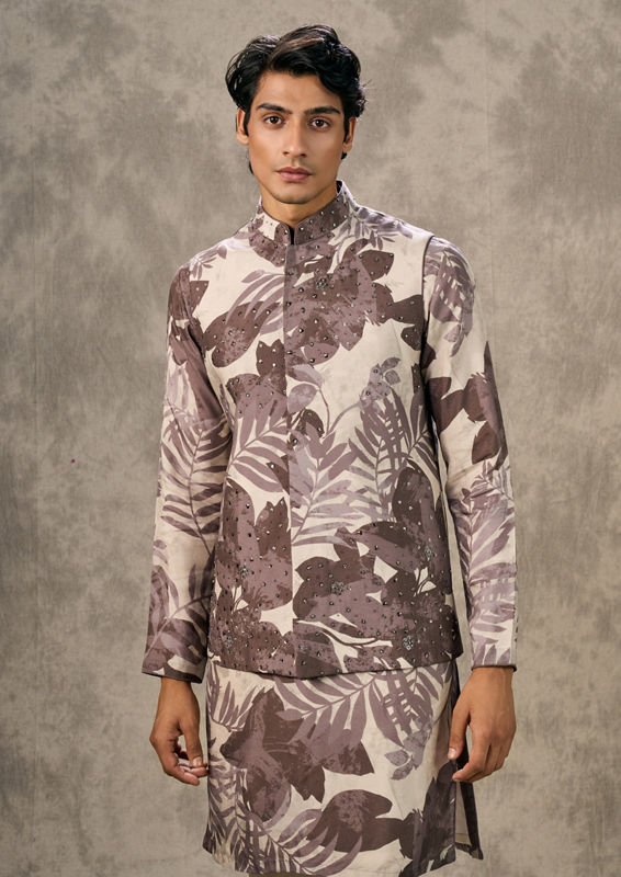 Twamev Men Elegant Dark Grey Kurta Jacket Set