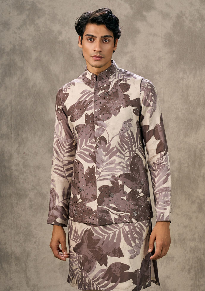 Twamev Men Elegant Dark Grey Kurta Jacket Set