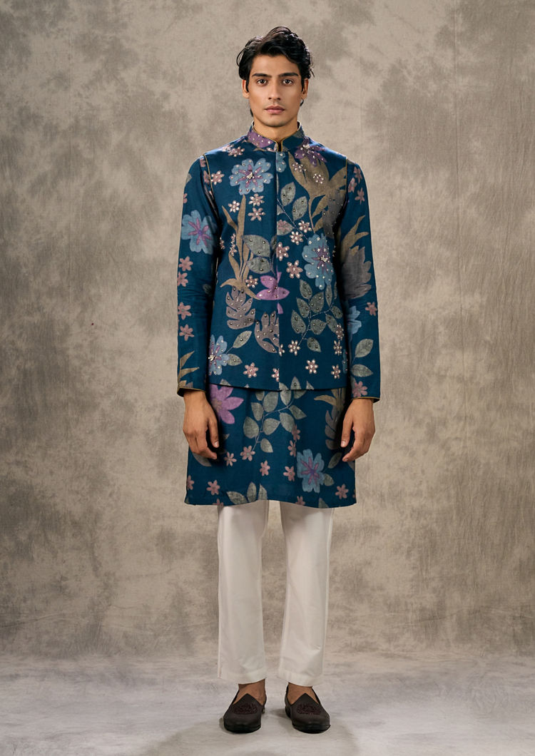 Twamev Men Dark Blue Charm Kurta Jacket Set