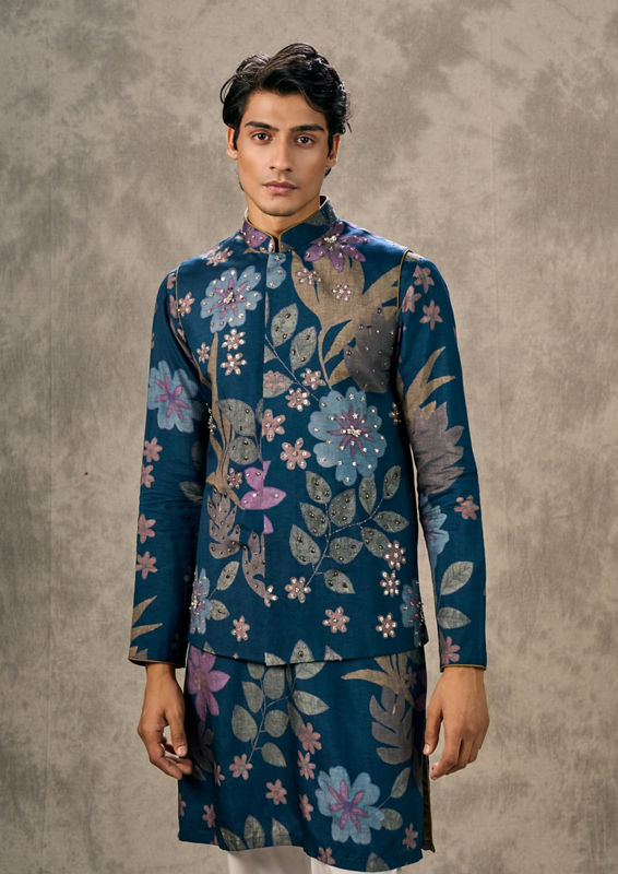 Twamev Men Dark Blue Charm Kurta Jacket Set