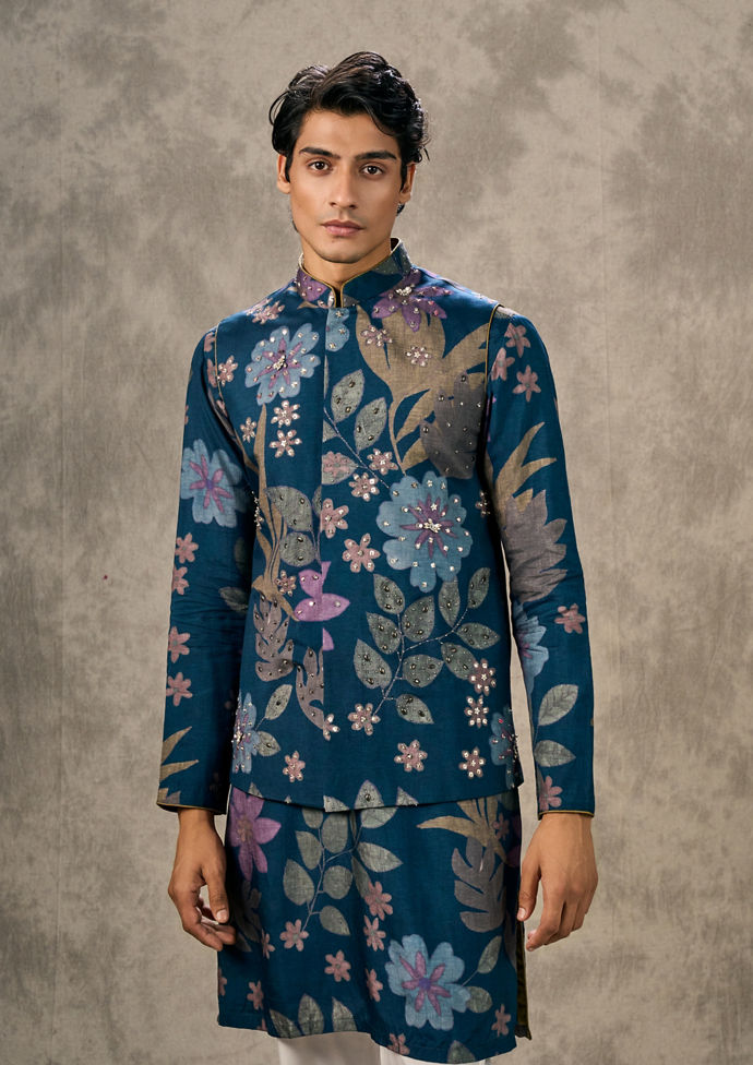 Twamev Men Dark Blue Charm Kurta Jacket Set