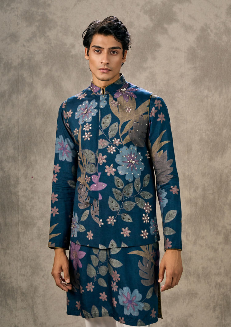 Twamev Men Dark Blue Charm Kurta Jacket Set